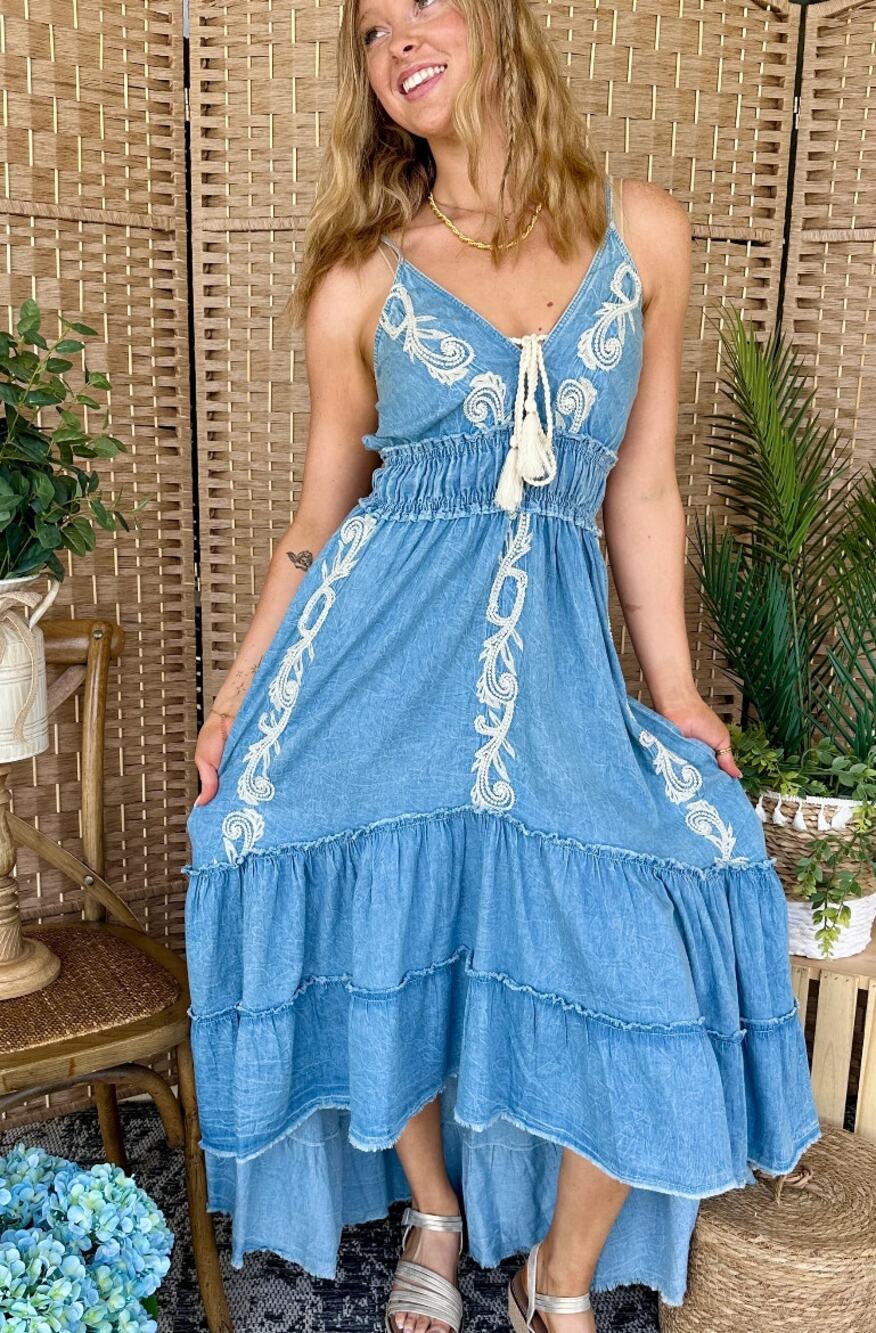 POL Denim Pearl Embroidered High Low Maxi Dress L - Coastal Romance